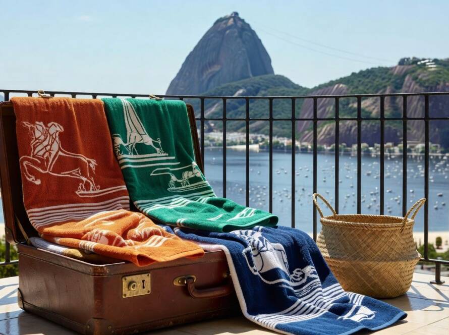 Toalhas Hermès em mala de viagem com vista do Pão de Açúcar, representando obsessão por luxo em travelogue global.