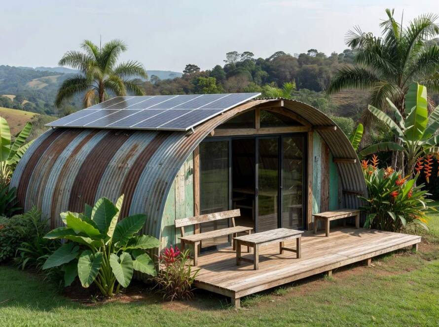 Cabine sustentável feita de estrutura Quonset em área rural brasileira, com painéis solares e vegetação tropical.