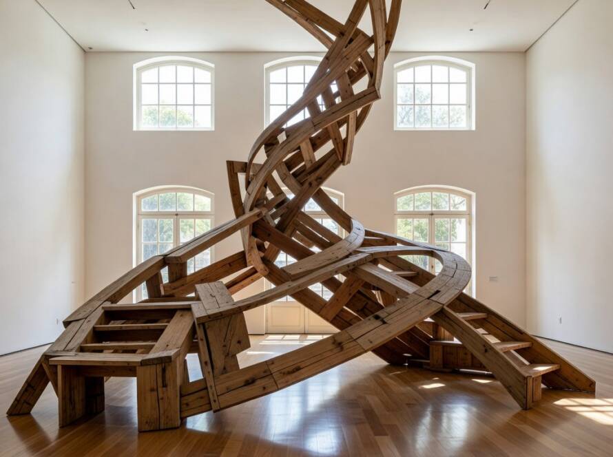 Instalação de madeira modular sustentável 'Astral Ascent' em galeria de arte em São Paulo.