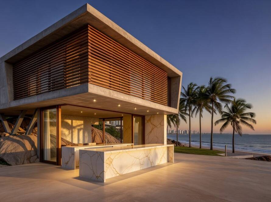 Residência inovadora com quartzo Taj Mahal e iluminação cinematográfica em ambiente urbano brasileiro.