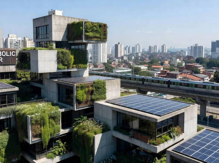 Paisagem urbana em São Paulo com arquitetura sustentável inspirada no metabolismo japonês, promovendo urbanismo ecológico em 2026.