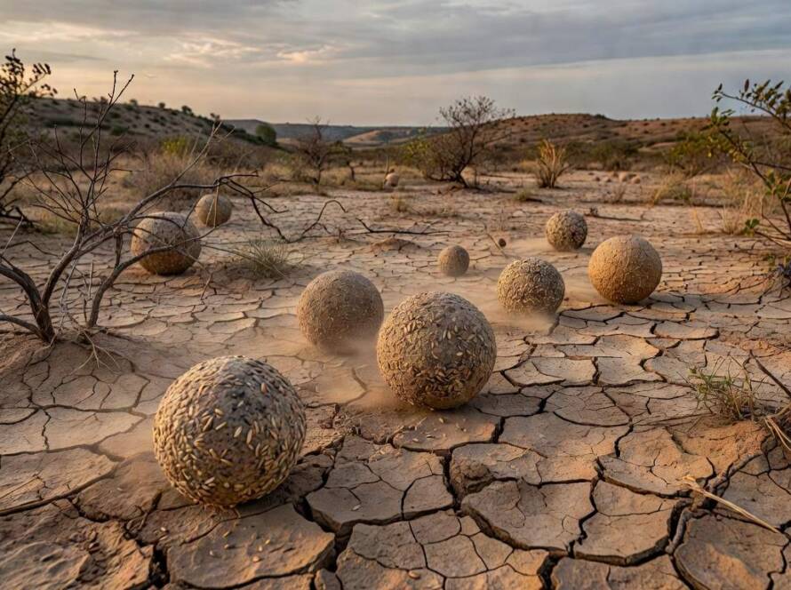 Bola biodegradável Wasteland Nomad rolando em terra degradada no semiárido brasileiro, restaurando o solo com vento.