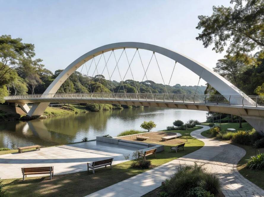 Ponte inovadora com design curvo revitalizando parque urbano no Brasil, inspirada em espaços cerimoniais de Xangai.