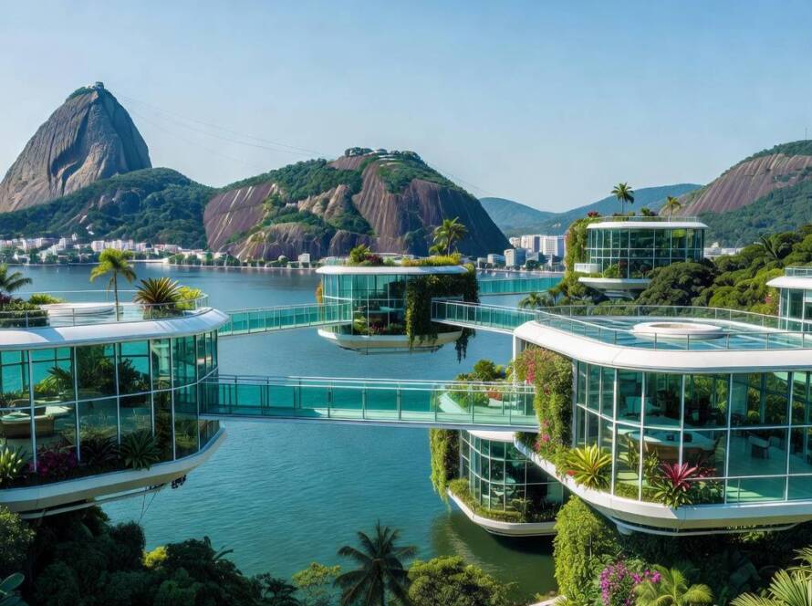 Cidade utópica inspirada em New Babylon no Brasil, estruturas elevadas sobre paisagens tropicais representando sociedade pós-trabalho em 2026.