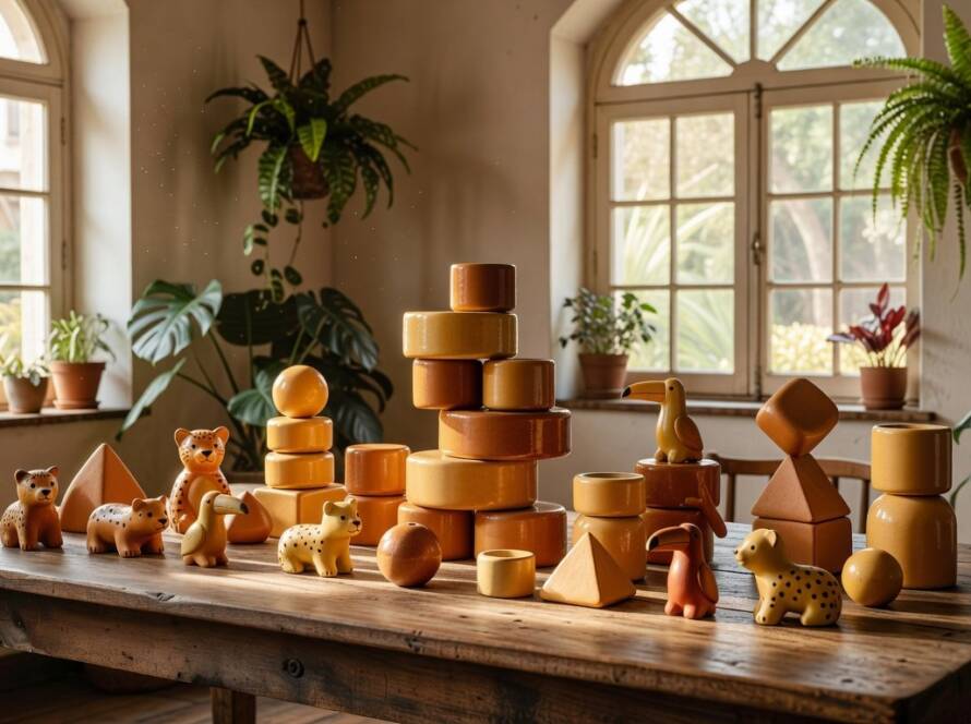 Coleção de cerâmica modular Caramel inspirada na infância, peças em tons de caramelo dispostas em ateliê brasileiro.