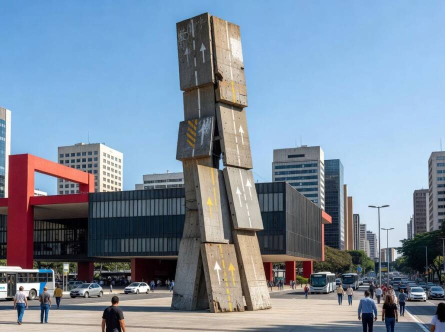 Escultura monumental Vertical Highways instalada em praça urbana de São Paulo, representando estruturas verticais como rodovias.