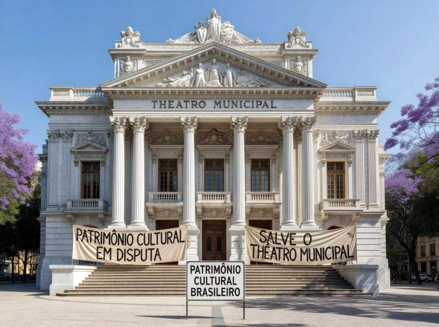 Fachada do Theatro Municipal no Rio de Janeiro, simbolizando coalizão de arquitetos processando Trump para barrar mudanças no Kennedy Center.