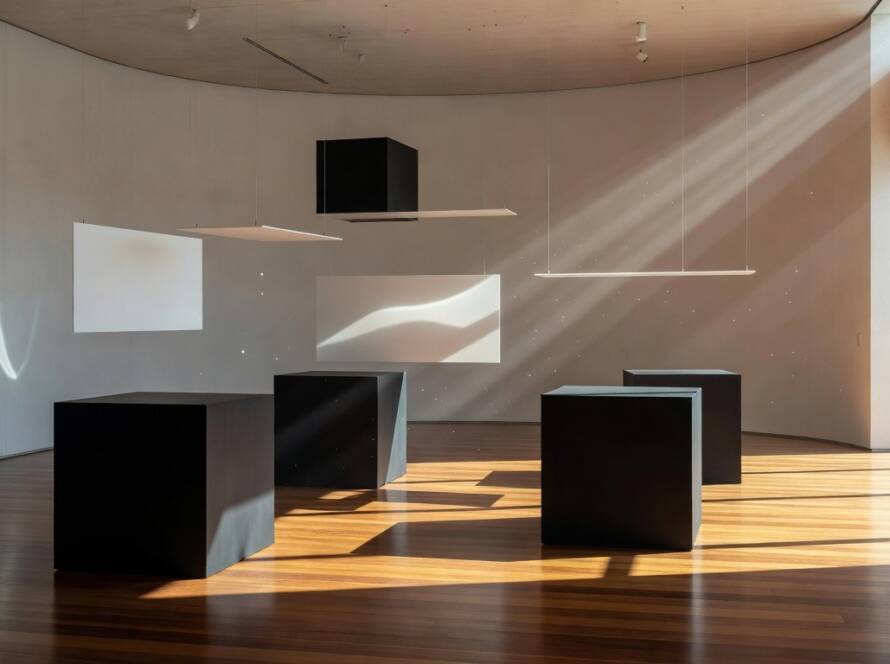 Instalação de arte contemporânea com luz e imobilidade em galeria brasileira, transformando percepções espaciais.