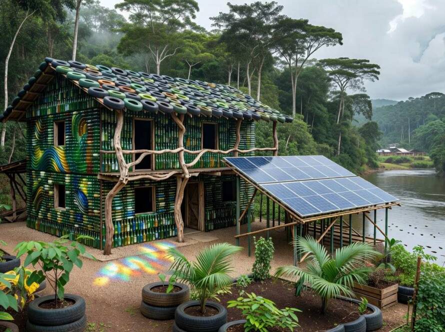 Instalação artística sustentável em comunidade rural brasileira, com elementos ecológicos na floresta amazônica.