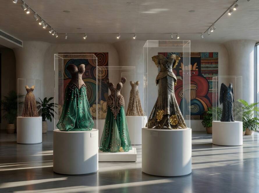 Exposição de moda como arte em museu brasileiro, com vestidos surrealistas expostos em vitrines iluminadas.