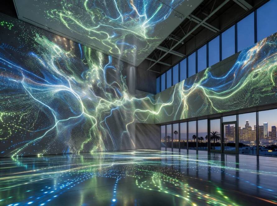 Instalação de arte imersiva com IA no museu Dataland em Los Angeles, revolucionando a arte digital.