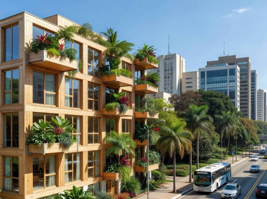 Edifício modular de madeira inovando em espaços urbanos de São Paulo, com design sustentável.