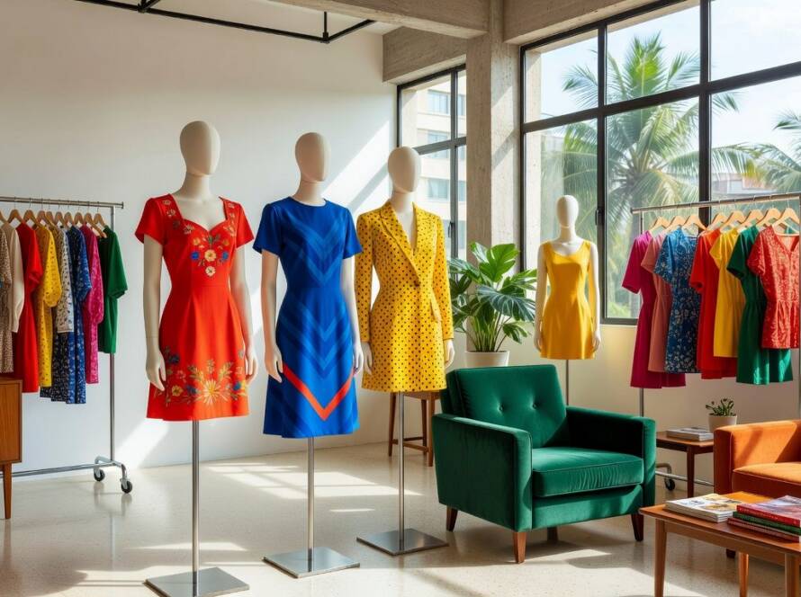 Exposição de moda do Studio Brocky inspirada nos anos 1960, com roupas coloridas em manequins no Rio de Janeiro.