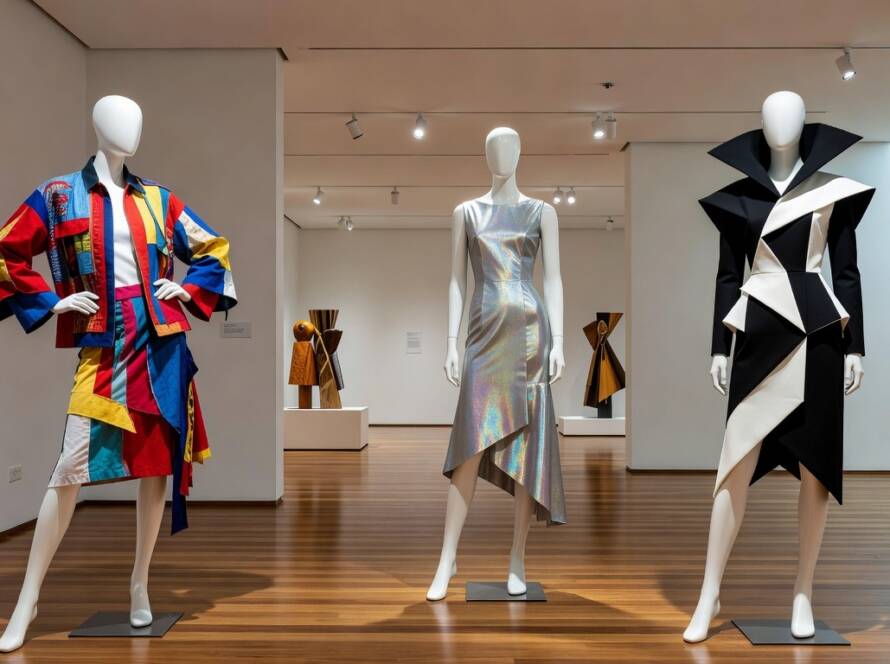 Exposição de moda no museu celebrando 40 anos do Antwerp Six com manequins e roupas inovadoras.