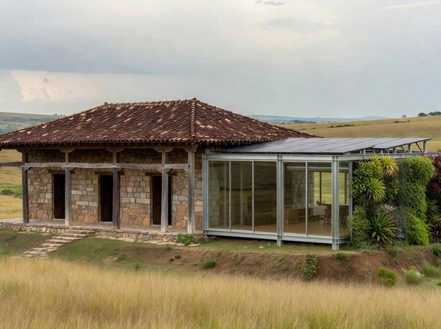 Residência histórica no planalto brasileiro unindo passado e futuro com pavilhão de aço sustentável.