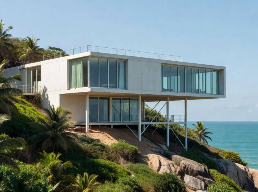 Casa arquitetônica inovadora minimalista em colina costeira no Brasil, com design moderno e vista para o mar.