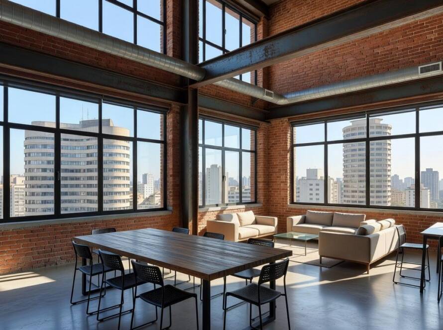 In the main office space, a 23m-long expanse of floor-to-ceiling windows overlooks the entrance to the Manhattan Bridge. Painted in matte black, the exposed-beam ceiling contrasts with the white epoxy resin floor. A series of ‘Projecteur 365’ pendants by Le Corbusier from Nemo Lighting illuminate a custom-made work table in steel, walnut and laminate (Image credit: Thomas Loof) - (Image credit: Thomas Loof)