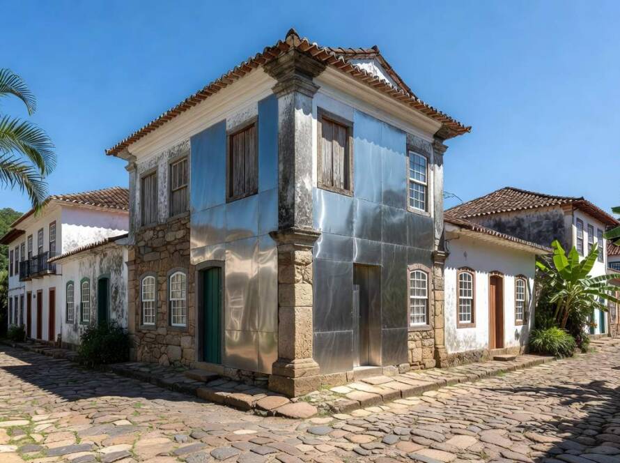 Casa histórica reformada com aço inoxidável em rua costeira brasileira, inovação arquitetônica em Paraty.