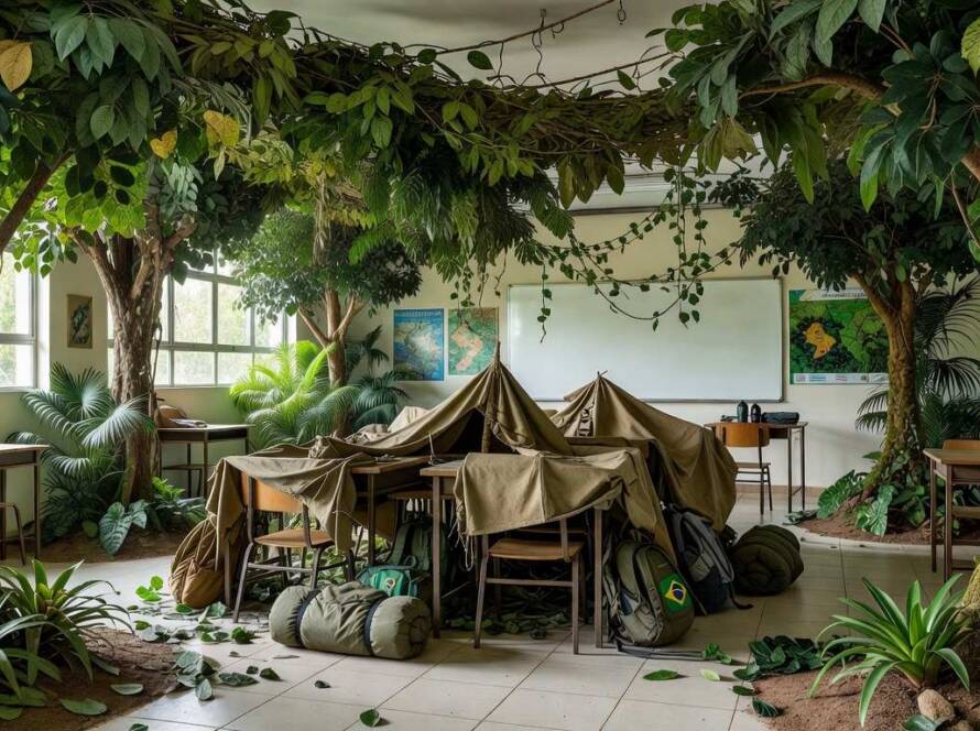 Sala de aula brasileira transformada em floresta para educação escoteira, com elementos da Mata Atlântica.