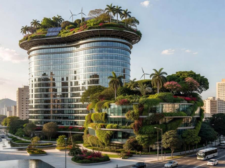 Paisagem urbana com edifícios inovadores em São Paulo, representando projetos dos AZ Awards 2024.