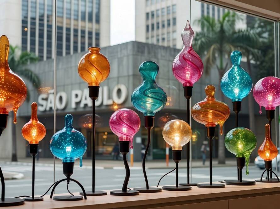 Lâmpadas inspiradas em doces derretidos da infância, lançadas pelo designer Marten Herma Anderson, em vitrine de loja em São Paulo.