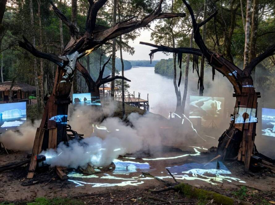 Instalação artística sensorial sobre mudanças climáticas na Floresta Amazônica, com estruturas representando impactos ambientais.