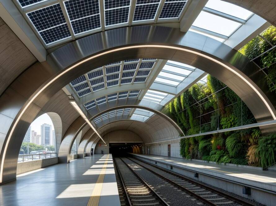 Estação de metrô inovadora com design moderno, representando projeto vencedor para Linha 2 de Turim.