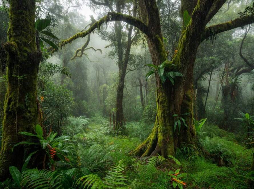 Floresta tropical brasileira sob chuva fina, representando o tema Sound of Rain em competição de design.