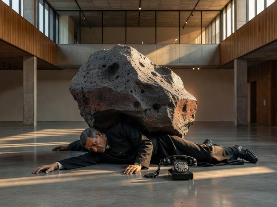 Escultura La Nona Ora de Maurizio Cattelan com hotline de confissões em galeria de arte em São Paulo.