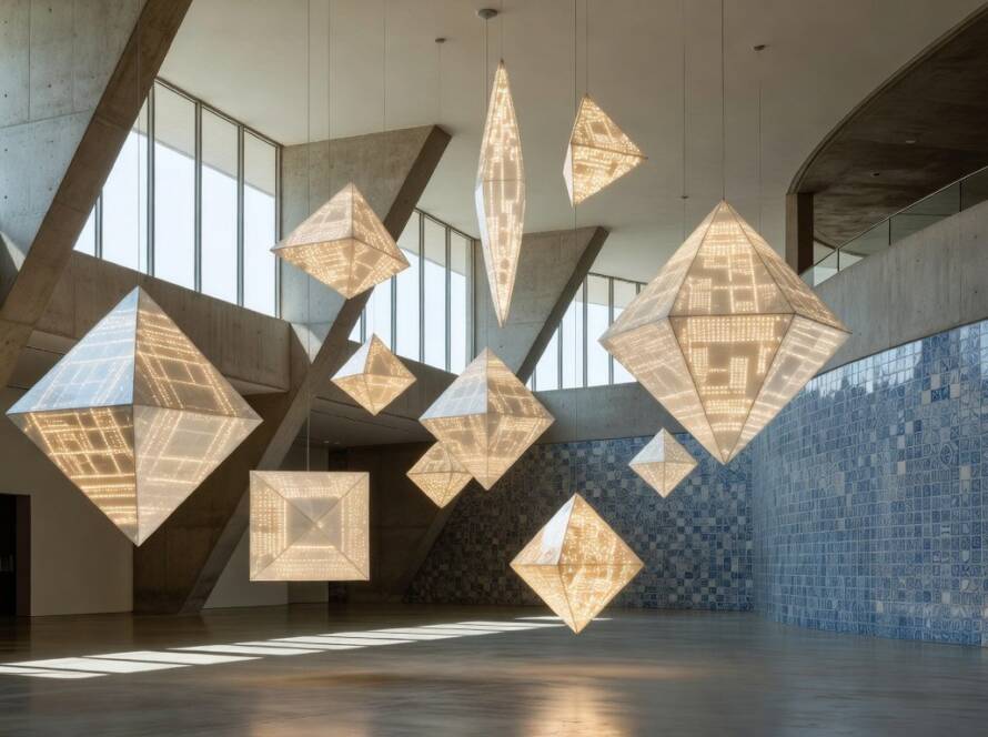 Instalação artística de esculturas de luz interativas simulando matéria sólida em museu brasileiro.