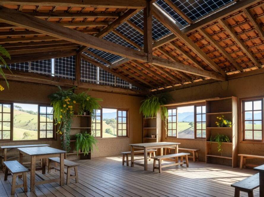 Biblioteca sustentável transformada de antigo salão no interior brasileiro, com elementos ecológicos e arquitetura integrada à natureza.