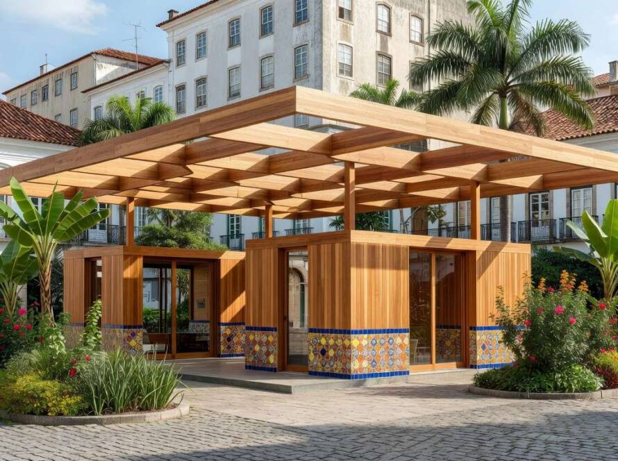 Pavilhão espanhol reversível apresentado para World Design Capital 2026, em ambiente urbano brasileiro.