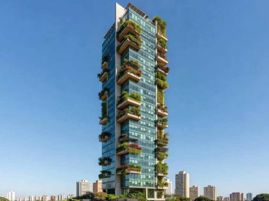 Edifício residencial vertical inovador em São Paulo, com design moderno e luz natural abundante.