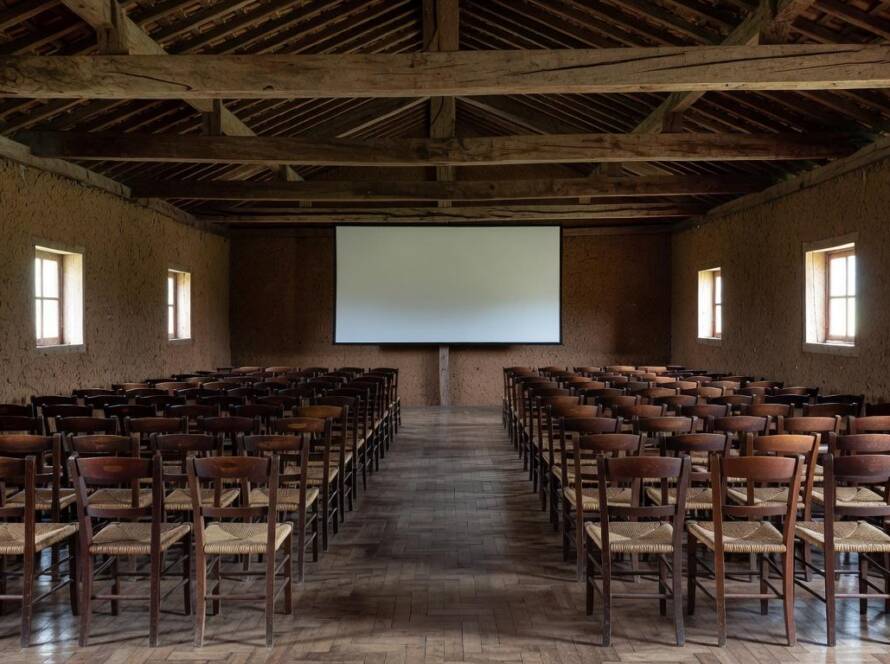 Salão ancestral centenário convertido em cinema público em vila histórica brasileira.