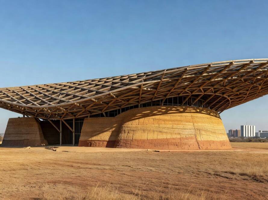 Estrutura arquitetônica experimental no Brasil, redefinindo arquitetura com experimentação em futuros primitivos.