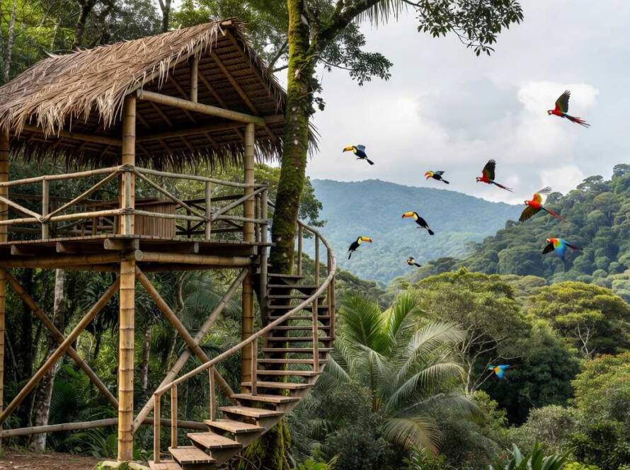 Estação de observação de aves sustentável na Mata Atlântica brasileira, com estrutura ecológica e aves ao fundo.