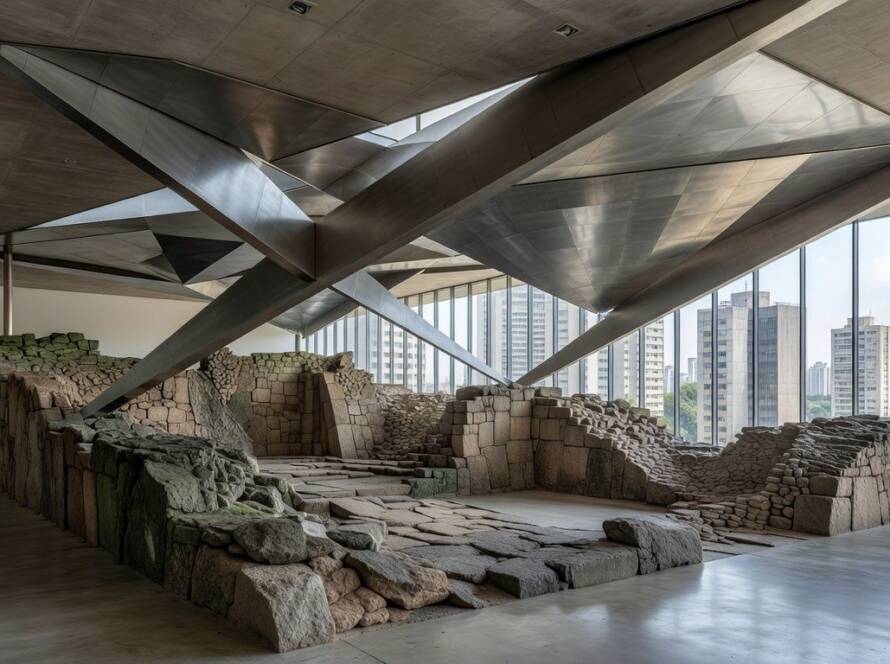 Instalação artística em museu brasileiro representando arqueologia do futuro e memoryscapes.