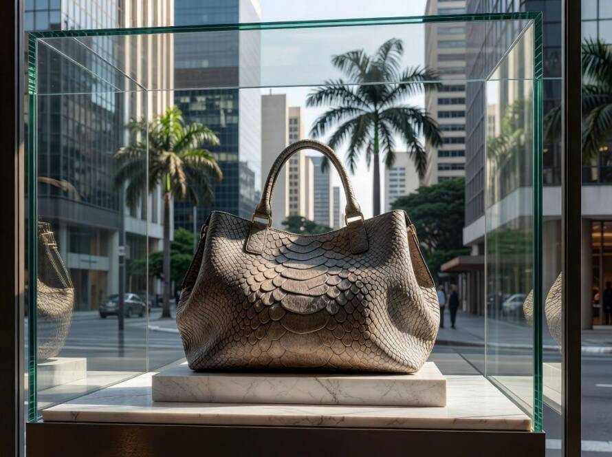 Bolsa de couro de T-Rex cultivado em laboratório exibida em vitrine de loja em São Paulo.