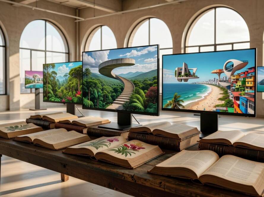 Instalação artística com enciclopédias e telas de IA mesclando fatos e ficções em galeria brasileira.