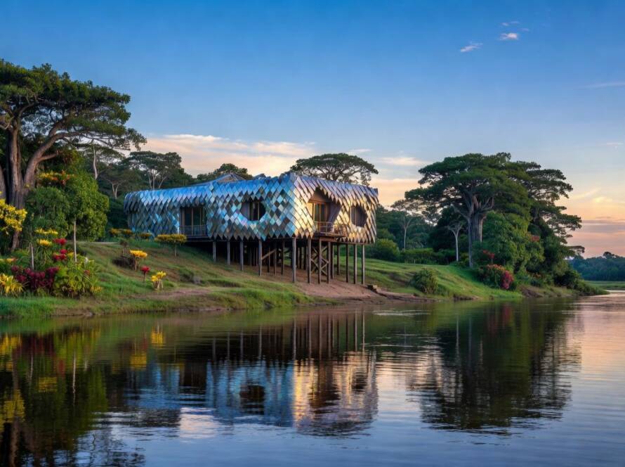 Residência inovadora com fachadas de escamas às margens de rio no Brasil, estilo arquitetônico moderno.