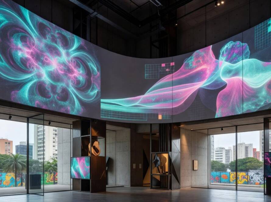 Instalação de arte revolucionária gerada por IA em galeria brasileira, com projeções digitais abstratas.