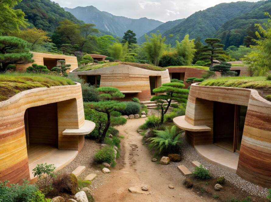 Vilas inovadoras de terra batida concluídas pelo Bjarke Ingels Group no Japão, em estilo arquitetônico sustentável.