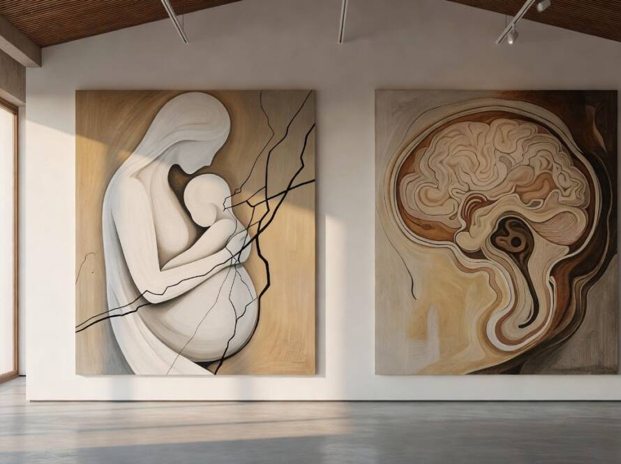 Galeria de arte no Brasil com exposição sobre maternidade pós-AVC, obras abstratas em paredes brancas.