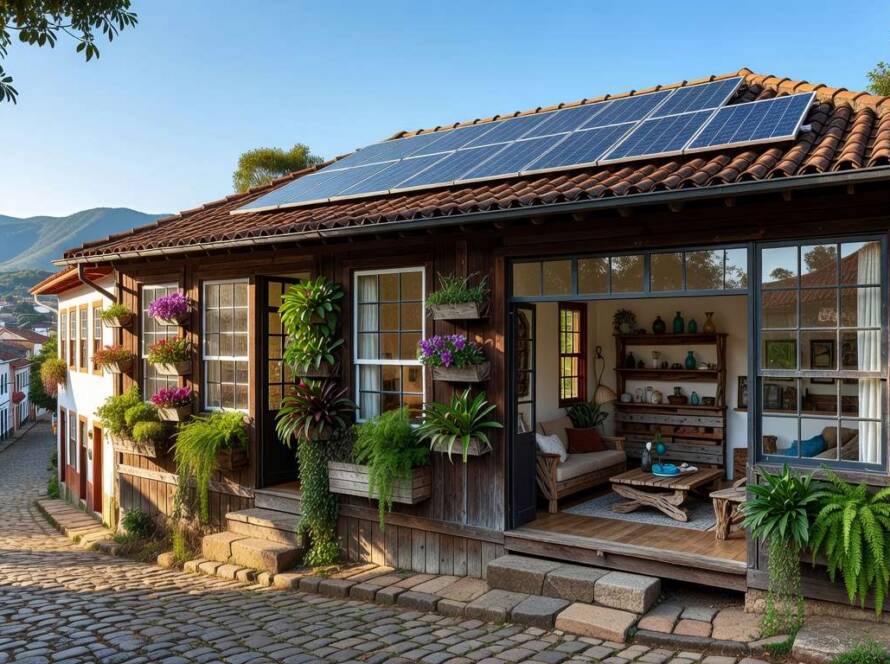 Residência centenária transformada em lar sustentável com painéis solares e jardim vertical em cidade histórica brasileira.