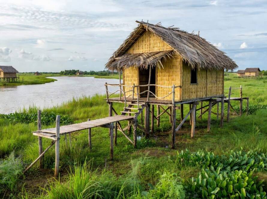 Casa sustentável e resiliente a inundações em vila rural no Pantanal, Brasil, com estrutura elevada e materiais ecológicos.