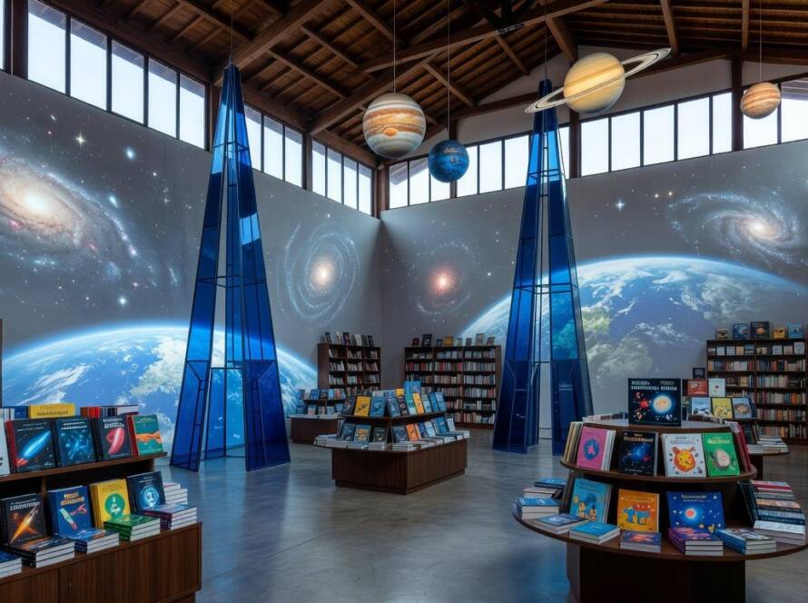 Estande transformado em instalação espacial na Feira do Livro de Porto Alegre, com elementos cósmicos e livros.