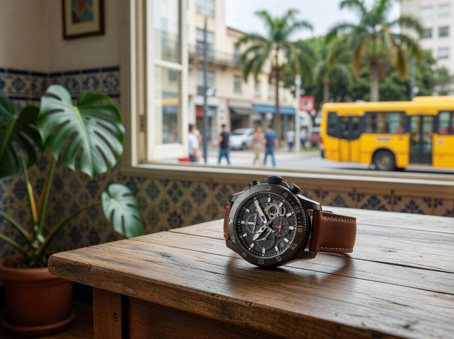 Relógio inovador Ways com rotação versátil sobre mesa em ambiente brasileiro, lançamento pela good+evil.