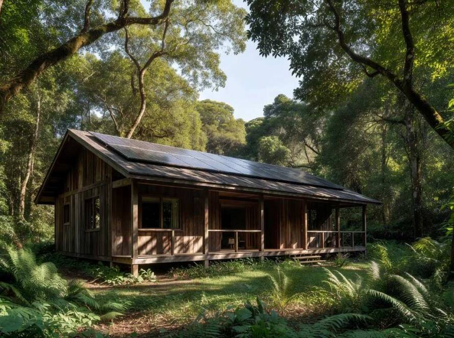 Residência sustentável integrada à floresta tropical no Brasil, preservando o meio ambiente com arquitetura ecológica.