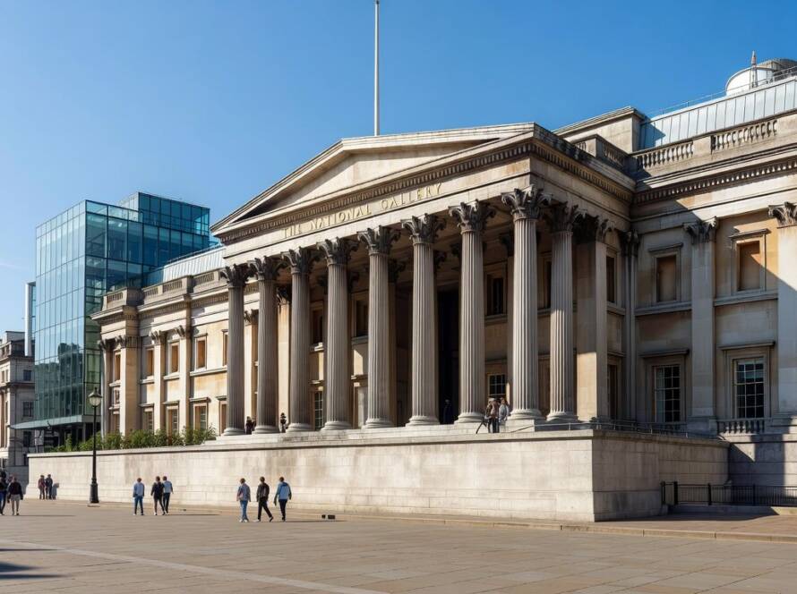 Fachada da National Gallery em Londres com elementos de nova ala projetada por Kengo Kuma.