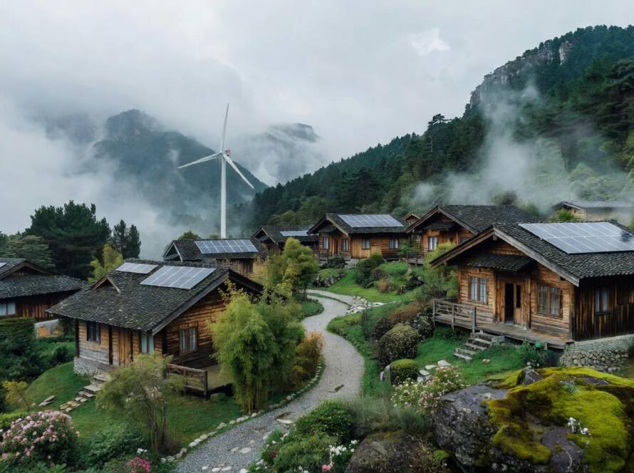 Resort sustentável de cabanas em montanhas a 3.000 metros na China, com elementos ecológicos.